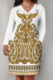 Brown Boho Geometric Flowers Print Pocket V Neck Long Sleeve Casual Outing Plus Size Midi Dresses