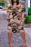 Colorful Casual Graphics Print Pocket V Neck Short Sleeve Loose Straight Midi Dresses