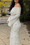 White 3D Flowers Decor Off Shoulder Long Sleeve Long Formal Evening Party Prom Knitted Sweater Maxi Dresses
