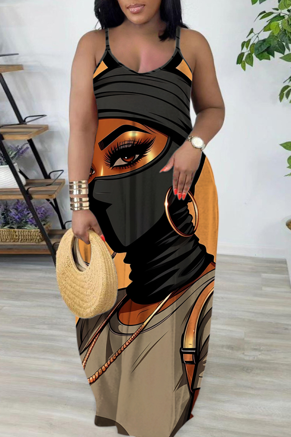 Orange Khaki Figure Print Sleeveless Backless Spaghetti Strap Floor Length Vacation Baggy Sundress Slip Maxi Dress