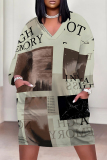 Blue Boho Newspaper Chain Print Pocket V Neck Long Sleeve Casual Outing Plus Size Midi Dresses
