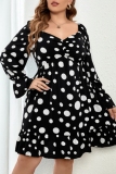 Black Polka Dot Print V Neck Long Sleeve Ruffle Hem Vacation Casual Plus Size Mini Dresses