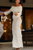White 3D Flowers Decor Off Shoulder Long Sleeve Long Formal Evening Party Prom Knitted Sweater Maxi Dresses