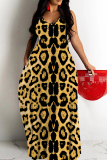 Brown Leopard Print Sleeveless Backless Spaghetti Strap Floor Length Vacation Baggy Sundress Slip Maxi Dress