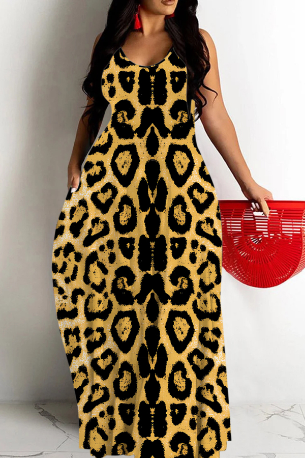 Brown Leopard Print Sleeveless Backless Spaghetti Strap Floor Length Vacation Baggy Sundress Slip Maxi Dress