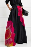 Black Casual Floral Print High Waist Wide Leg Pocket Flowy Pants (Without Belt)