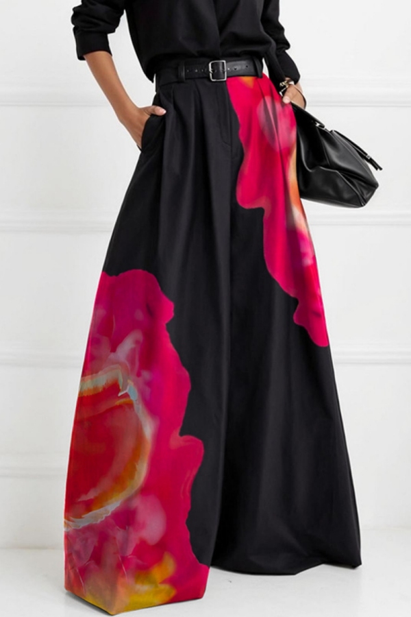 Black Casual Floral Print High Waist Wide Leg Pocket Flowy Pants (Without Belt)