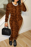 Brownish Red Graphics Print O Neck Long Sleeve Sweatshirt And Skinny Pants Sportwear Casual Two Pieces Jogger Sets