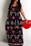 Yellow Floral Print Sleeveless O Neck Casual Vacation Baggy Sundress Maxi Slip Dresses