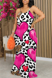 Pink Leopard Heart Pattern Print Sleeveless O Neck Casual Vacation Baggy Sundress Maxi Slip Dresses