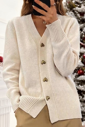 Red V Neck Long Sleeve Button-Front Fall Winter Knitted Cardigan Sweater