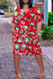 Green Leopard Flowers Letter Print V Neck Short Sleeve Women's Casual Outing Straight Loose Fit Oversized Tunic Midi Dress with Pocket