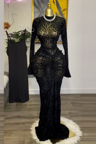Black Half A Turtleneck Long Sleeve Lace Sheer Ruched Mermaid Hem Maxi Dress and Cami Dress Formal Evening Party Prom Two Pieces Dress Sets