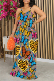 Apricot Leopard Butterfly Love Print Sleeveless O Neck Casual Vacation Baggy Sundress Maxi Slip Dresses