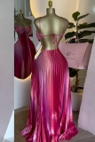 Pink Gradient Print Backless Sleeveless Belted Spaghetti Strap Formal Evening Party Prom Halter Pleated Maxi Dresses