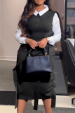 Blue Shirt Collar Long Sleeve Layered Faux Wrap Dark Gray Business Wear Shirt Midi Dress
