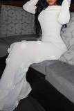 White 3D Flowers Decor Off Shoulder Long Sleeve Long Formal Evening Party Prom Knitted Sweater Maxi Dresses