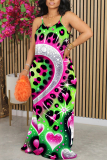Pink Leopard Heart Pattern Print Sleeveless O Neck Casual Vacation Baggy Sundress Maxi Slip Dresses