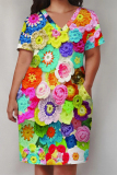 Green Leopard Flowers Letter Print V Neck Short Sleeve Women's Casual Outing Straight Loose Fit Oversized Tunic Midi Dress with Pocket