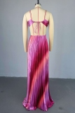 Pink Gradient Print Backless Sleeveless Belted Spaghetti Strap Formal Evening Party Prom Halter Pleated Maxi Dresses