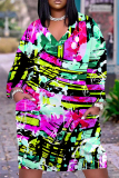 Orange Blue Casual Graphics Print Pocket V Neck Long Sleeve Loose Straight Midi Dresses