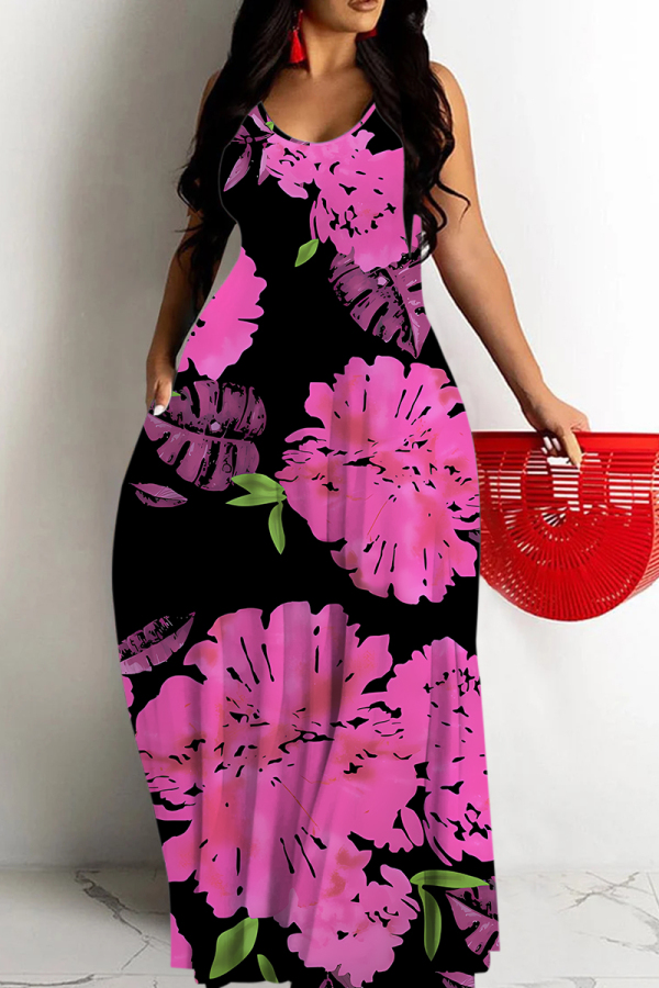 Rose Red Floral Print Sleeveless Backless Spaghetti Strap Floor Length Vacation Baggy Sundress Slip Maxi Dress