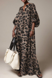 Black Leopard Print Shirt Collar Puff Sleeve Loose Vacation Casual Boho Maxi Dresses