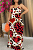 Pink Leopard Heart Pattern Print Sleeveless O Neck Casual Vacation Baggy Sundress Maxi Slip Dresses