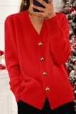 Red V Neck Long Sleeve Button-Front Fall Winter Knitted Cardigan Sweater