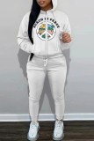 White Yellow Graphics Print Long Sleeve Hooded Sweatshirt and Skinny Pants Casual Sportwear Matching Sweatsuit set