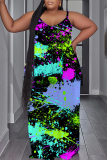 Orange Graphics Print Sleeveless O Neck Casual Vacation Baggy Sundress Maxi Slip Dresses