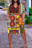 Colorful Casual Graphics Print Pocket V Neck Short Sleeve Loose Straight Midi Dresses