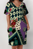 Green Purple Poker Geometric Print V Neck Short Sleeve Women's Casual Outing Straight Loose Fit Plus Size Tunic Midi Dress with Pocket