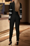 Black Hot Drill Zipper Turtleneck Long Sleeve Formal Evening Party Prom Skinny Jumpsuits