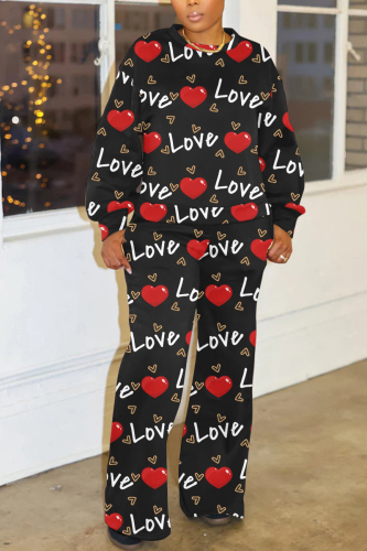 Black Red Heart Lips Print O Neck Long Sleeve Sweatshirt and Skinny Pants Sportwear Plus Size Matching Sweatsuit Set