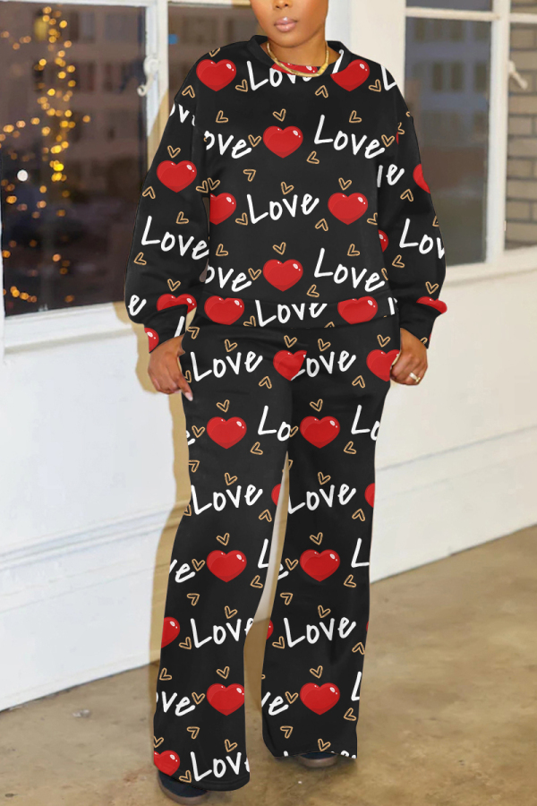 Black Red Heart Lips Print O Neck Long Sleeve Sweatshirt and Skinny Pants Sportwear Plus Size Matching Sweatsuit Set