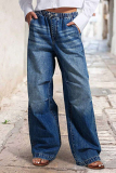 Dark Blue Street Mid Waist Loose Distressed Wide Leg Denim Jeans