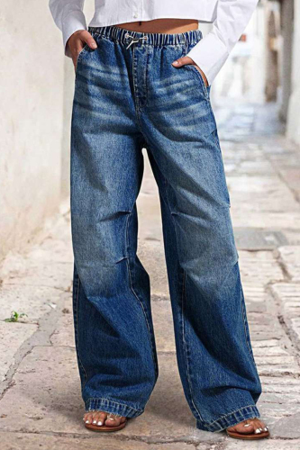 Dark Blue Street Mid Waist Loose Distressed Wide Leg Denim Jeans