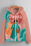 Lake Blue Casual Figure Print Zipper Hooded Long Sleeve Fall Winter Sweatshirt