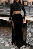 Red Sequin Evening Party Gown O Neck Long Sleeve Crop Tops And High Slit Maxi Skirt Formal Evening Party Prom Two Pieces Dress Sets