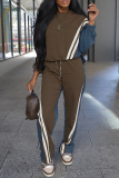 Brown O Neck Long Sleeve Striped Sweatshirt and Pants Sportwear Casual Two Pieces Jogger Sets
