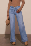 Dark Blue Casual Pocket High Waist Loose Distressed Wide Leg Denim Jeans