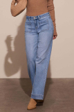 Dark Blue Casual Pocket High Waist Loose Distressed Wide Leg Denim Jeans