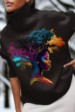 Turmeric African Figure Print Turtleneck Long Sleeve Fall Winter Knit Sweater