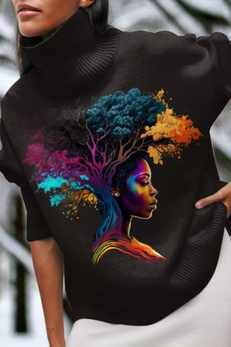 Turmeric African Figure Print Turtleneck Long Sleeve Fall Winter Knit Sweater