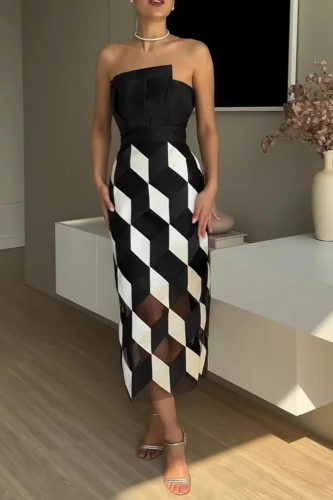 Black Plaid Print Sleeveless Strapless Formal Evening Party Prom Mesh Tube Maxi Dresses