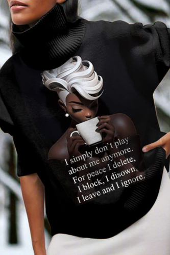 Grey African Girl Print Turtleneck Long Sleeve Fall Winter Knit Sweater