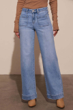Dark Blue Casual Pocket High Waist Loose Distressed Wide Leg Denim Jeans