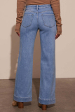 Dark Blue Casual Pocket High Waist Loose Distressed Wide Leg Denim Jeans