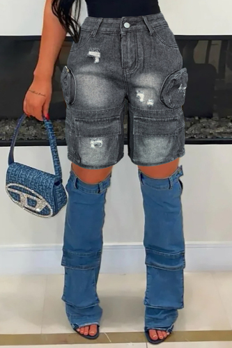 Black Embroidered Pocket High Waist Casual Distressed Ripped Denim Cargo Shorts